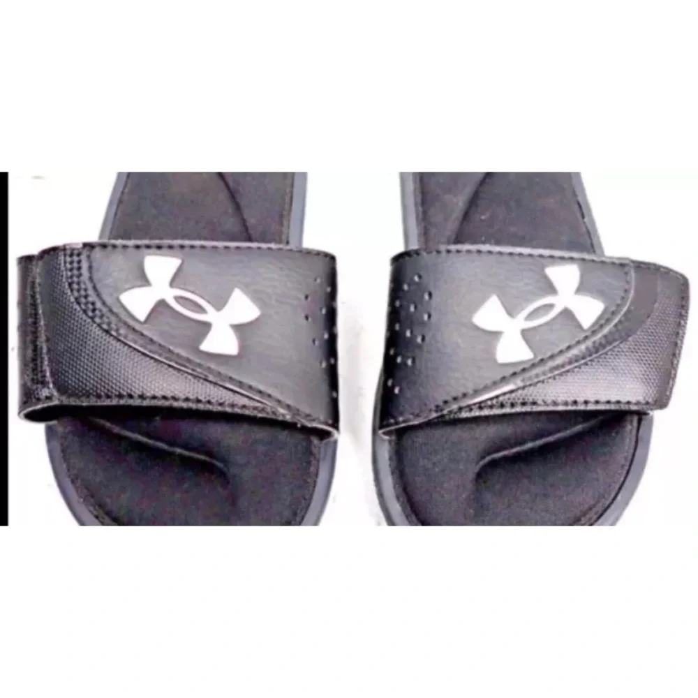 Under Armour Slides Kids Black White Logo Sandals Slip On